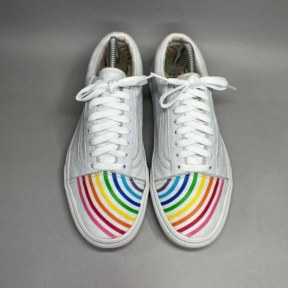 Vans Flour Shop Sneakers Women's Size 10.5 White Leather Old Skool Rainbow Shoes